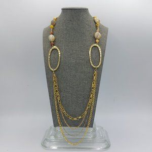NeGold Toned Chain Necklace Marbled Glass Beads Multiple Chain Lower Hammered To